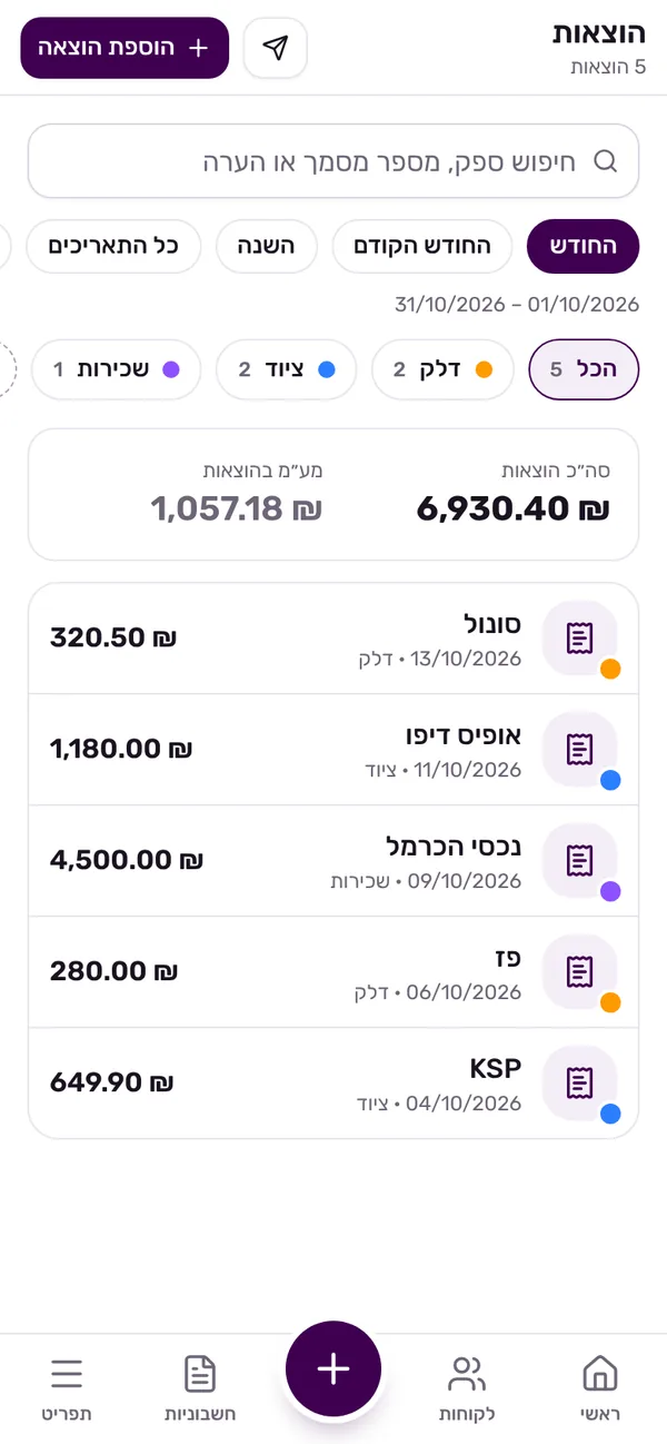 מסך ההוצאות בחשבון מהיר: תיקיות, סה״כ החודש ומע״מ