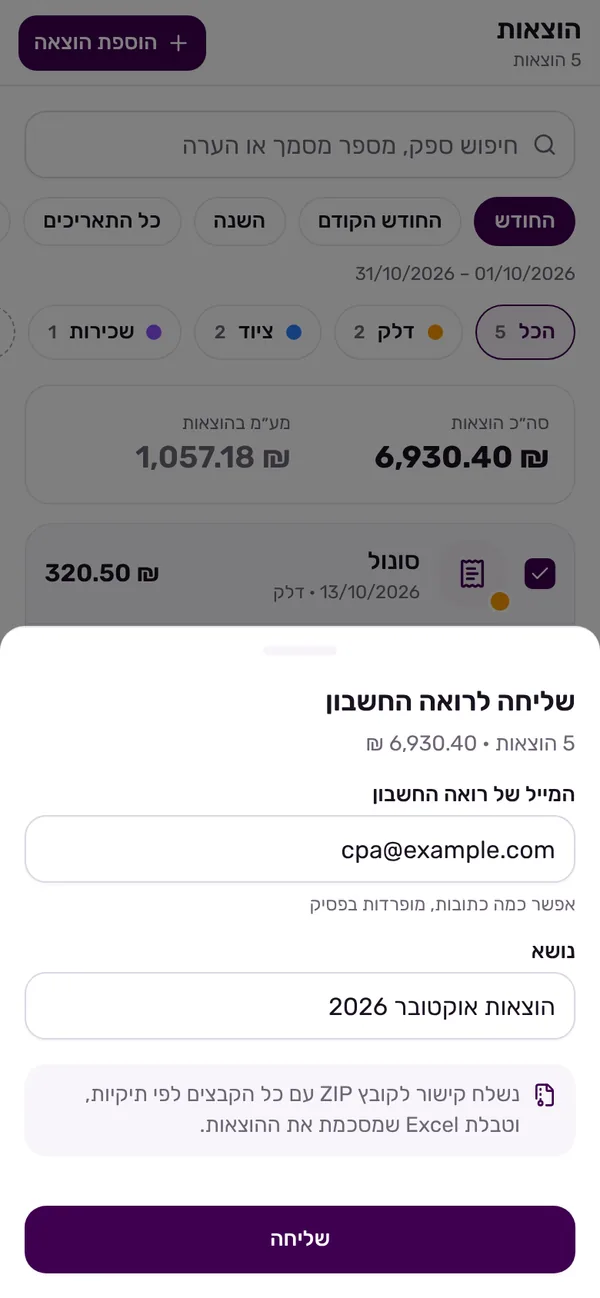 שליחת ההוצאות לרואה החשבון כקובץ ZIP עם טבלת Excel